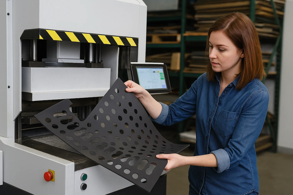 Troqueladora-industrial-mujer-plantilla-corte-gomas